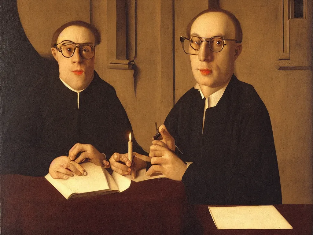 Prompt: portrait of a man with glasses and laptop at candlelight. painting by jan van eyck, august sander