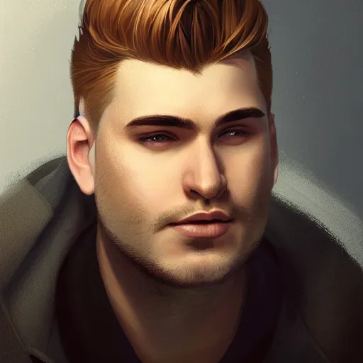 Image similar to tall slightly fat man in his twenties with brown blond short quiff hair and round facial structure with cleft chin, straight eyebrows, slightly smiling, cheekbones, wider face, shadow of beard, atmospheric lighting, painted, intricate, 4 k, highly detailed by charlie bowater