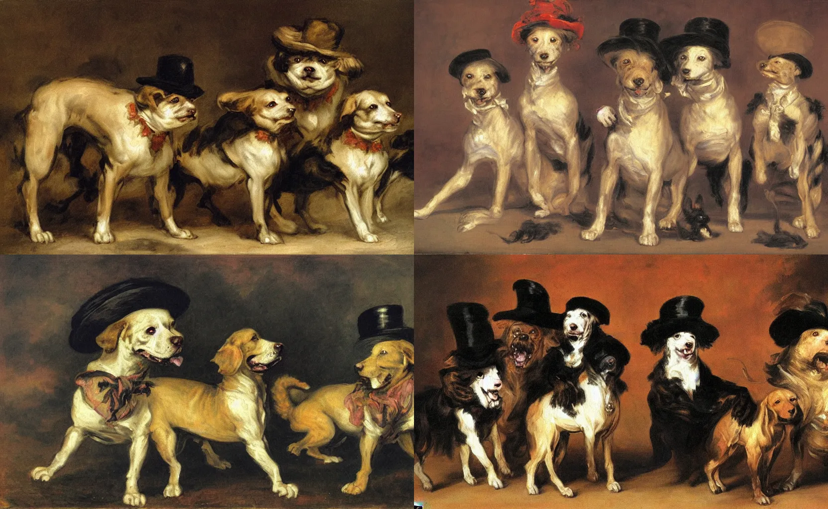 Prompt: impressionistic painting of cerberus, a dog with three heads, wearing several top hats and ties in the style of Francisco Goya and Frans Snyders