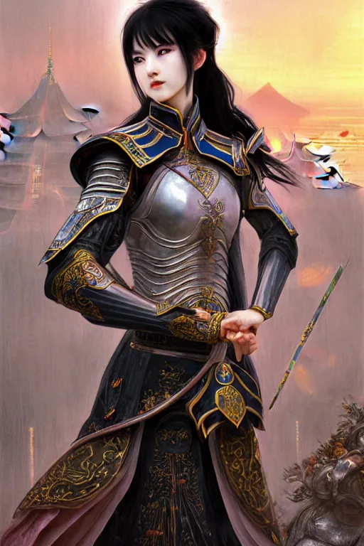 Image similar to portrait black hair young knights of Dynasty Warriors girl, matt white mirror armor, in ruin chinese temple rooftop heavily rain sunrise, ssci-fi and fantasy, intricate and very beautiful and elegant, highly detailed, digital painting, soft light, artstation, concept art, smooth and sharp focus, illustration, art by tian zi and WLOP and alphonse mucha