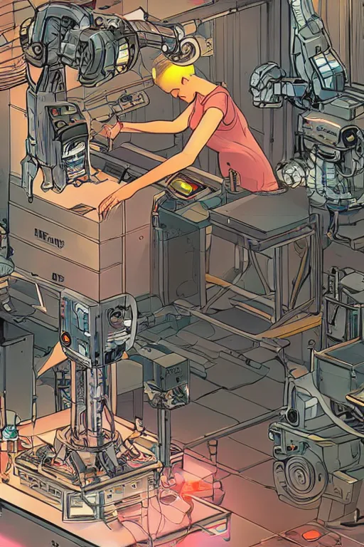 Prompt: full body closeup of pretty girl working in a small robot repair shop, broken android laying on the ground, chrome reflections, illustration by moebius , dynamic lighting, glowing lights, neons, science fiction
