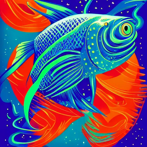 Prompt: one stylized fish with saturated colors viewed in profile in the dark ocean filled with complex sparkles and patterns, artstation, intricate, realistic, highly detailed, digital painting, concept art, sharp focus, low poly, illustration by tom whalen and charles williams and kilian eng and james jean