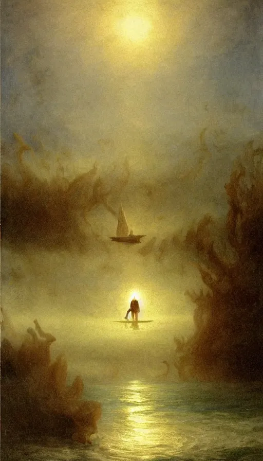 Image similar to man on boat crossing a body of water in hell with creatures in the water, sea of souls, by albert bierstadt,