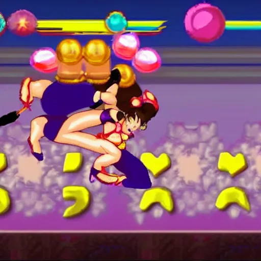 Prompt: chun li bouncing on a goomba with a pogo stick