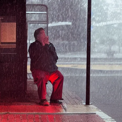 Prompt: lumpy swollen miserable man sitting at a bus stop in the rain, red lighting, atmospheric, realistic