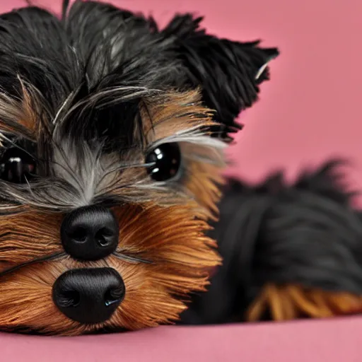 Image similar to a closeup photorealistic sad knitted plush yorkshire terrier
