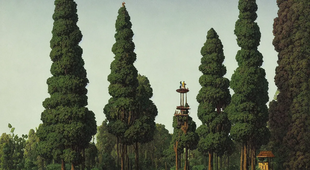Image similar to single flooded simple giant tree tower!, very coherent and colorful high contrast!! masterpiece by rene magritte simon stalenhag carl spitzweg syd mead norman rockwell edward hopper james gilleard, minimalist, dark shadows, sunny day, hard lighting