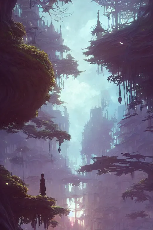 Image similar to a city built on a giant tree, unreal engine, fantasy art by greg rutkowski, loish, rhads, ferdinand knab, makoto shinkai and lois van baarle, ilya kuvshinov, rossdraws, tom bagshaw, global illumination, radiant light, detailed and intricate environment