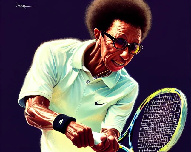 Prompt: mindblowing, arthur ashe playing tennis, deep focus, beautiful, highly detailed, digital painting, artstation, concept art, matte, sharp, illustration, hearthstone, art by artgerm and greg rutkowski and alphonse mucha