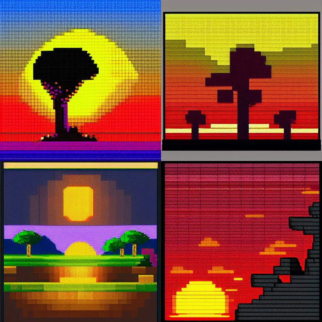 Prompt: pixelart sunset, # pixelart, trending on artstation,