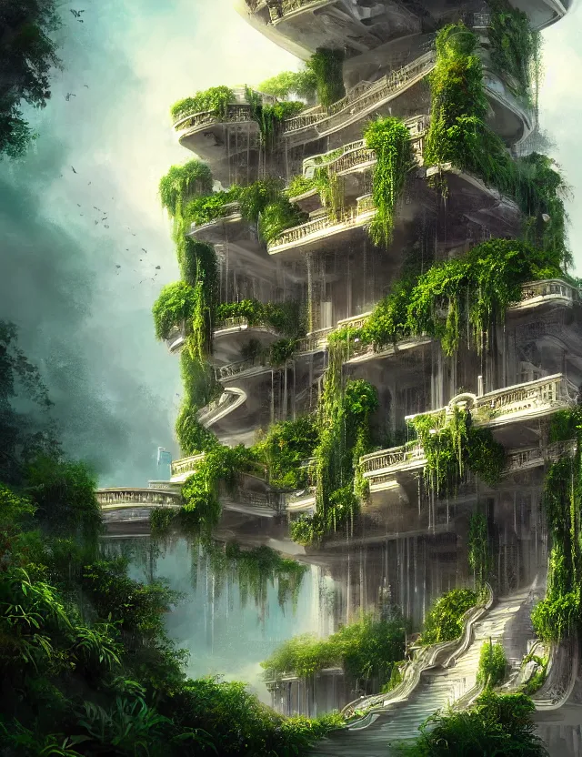 Prompt: a beautiful illustration of a fluid form future mansion with hanging gardens, trending on artstation, digital art, 4 k resolution, detailed, high quality, sharp focus, hq artwork, coherent, insane detail