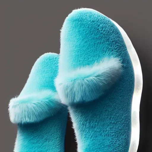 Image similar to poster nike shoe inspired by slippers made of very fluffy cyan and black faux fur placed on reflective surface, professional advertising, overhead lighting, heavy detail, realistic by nate vanhook, mark miner