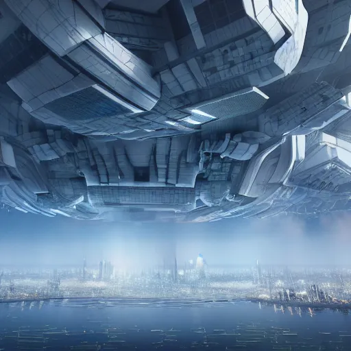 Image similar to a highly detailed 3D octane render of a futuristic city floating in the clouds, floating arcology city, inspired by Buckminster Fuller’s circular city project and Cloud City, trending on artstation, unreal engine, hyperrealistic, photorealistic