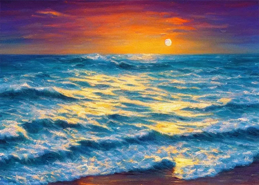 Prompt: beautiful night ocean in moonlight, colorful oil painting