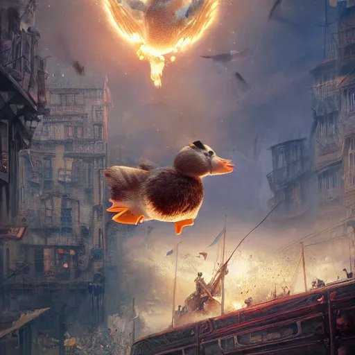 Image similar to hamster riding giant duck, oil painting, steampunk clothes, steampunk city background, sharp focus, fantasy style, octane render, volumetric lighting, 8k high definition, by greg rutkowski, highly detailed, trending on art Station, magic the gathering artwork explosions, centered