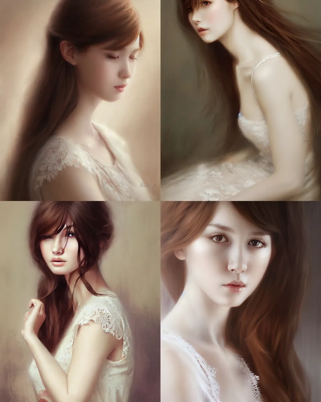 Prompt: girl with brown hair and white lace dress, a beautiful portrait, soft painting, by stanley artgerm lau, wlop, rossdraws, lerapi, and sakimichan