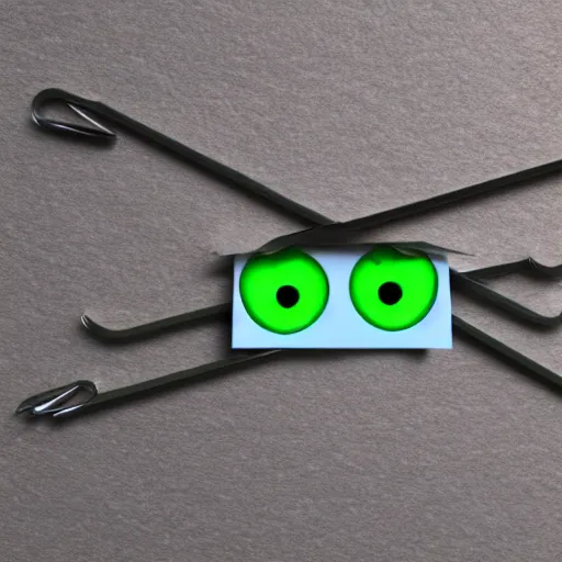 Image similar to a paperclip with two buggly eyes in front of a green hill, cinematic shot, hyper realistic, hyper detailed, 4k