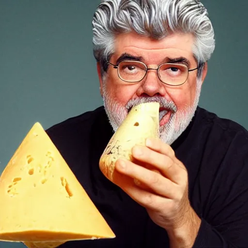 Image similar to george lucas eating a cone of cheese flavored ice cream