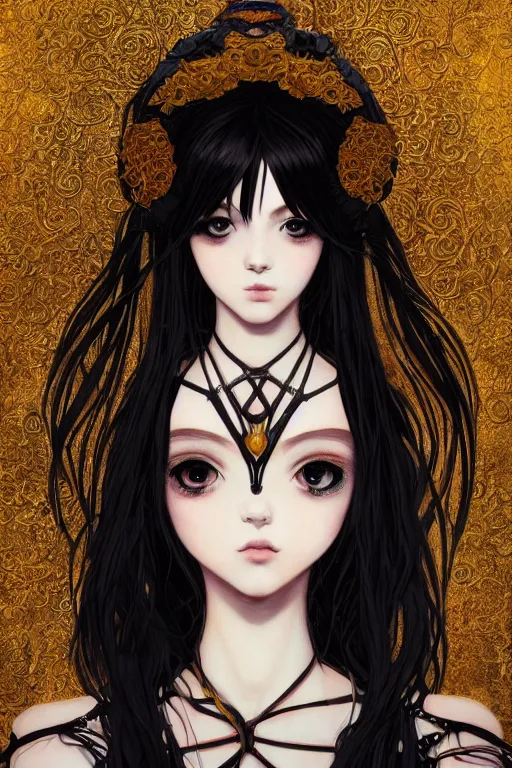 Image similar to portrait of beautiful young gothic anime maiden, cute-fine-face, pretty face, realistic shaded Perfect face, fine details. Anime, cyberpunk, Warhammer, highly detailed, artstation, illustration, art by Ilya Kuvshinov and Gustav Klimt and Gustav Klimt and Gustav Klimt and Gustav Klimt