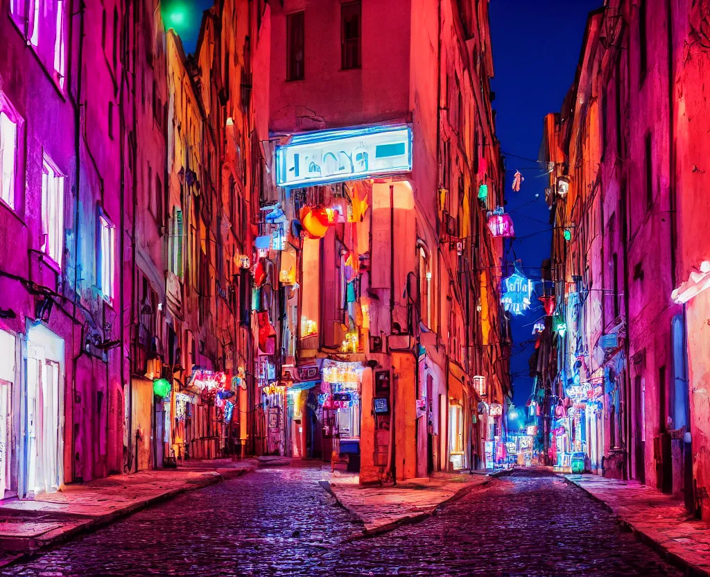 Prompt: Narrow polish street full of colorful vintage neons, crowd of partying people, late evening, 35mm f8.0, long exposure, focus on the neons, full frame, film photography