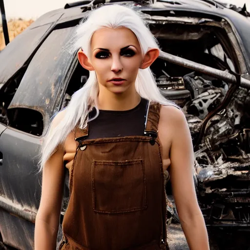 Prompt: close up headshot of a skinny female high-fantasy elf with a long face narrow chin and spiky blonde hair wearing dark brown overalls and holding a bomb next to a destroyed car, gel spiked blond hair, small ears, narrow lips, high resolution film still, HDR color