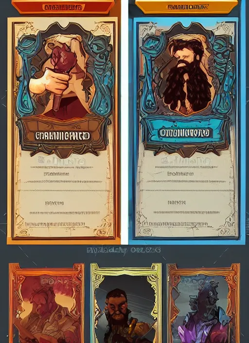 Prompt: character concept art with trading card ui and ornate border frame