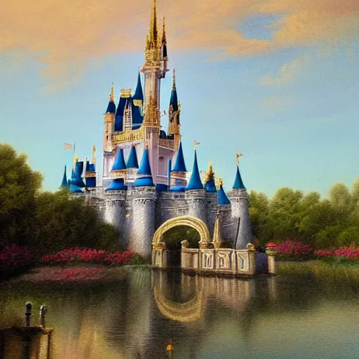 Image similar to Cinderella Castle at Magic Kingdom, beautiful detailed landscape painting in the style of 19th century Hudson River school of Art