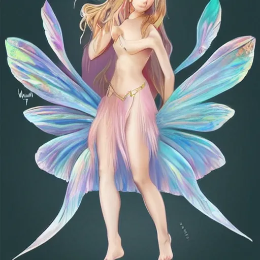 Image similar to very very very beautiful fairy princess with fairy wings, bare midriff, one foot raised off the ground, full body portrait, eye contact, smiling, flirty, perfect face, perfect body, drawn by artgerm