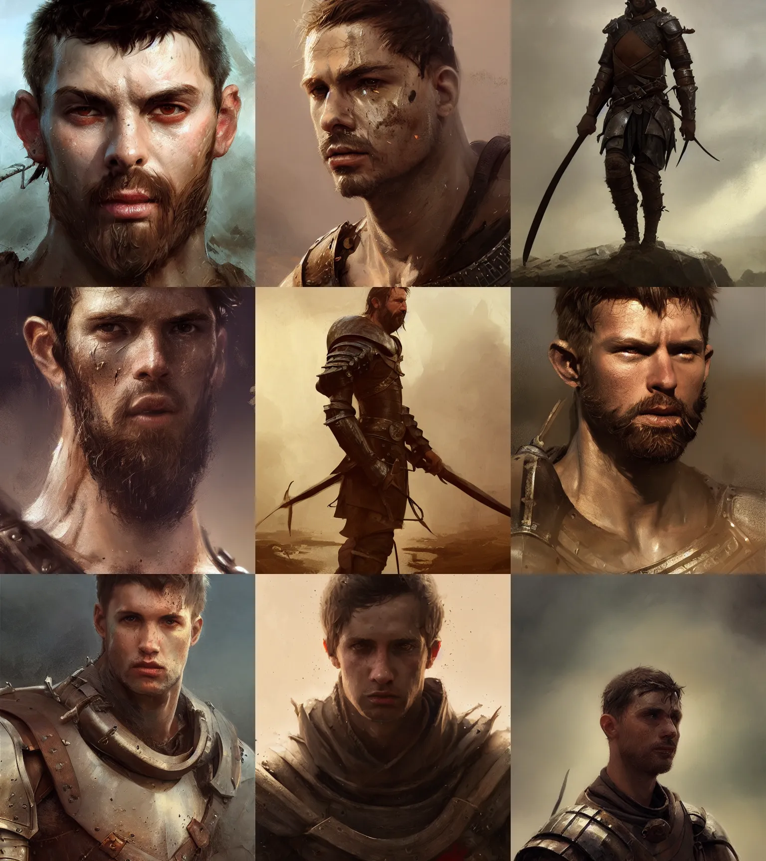 Prompt: portairt of male medieval warrior, brown hair, dirty face, realistic cinematic lighting, photorealistic, reflections, glistening, sweat, greg rutkowski, wlop, ruan jia, artgerm, grzegorz przybys, miguel iglesias, craig mullins, pixiv, artstation, octane renderer