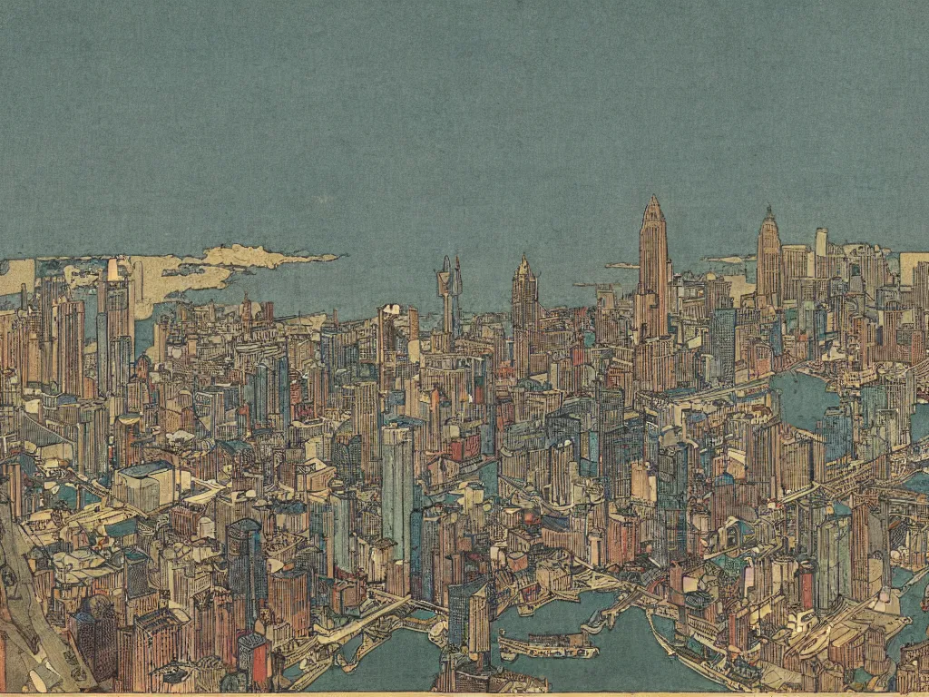 Image similar to highly detailed illustration of the milwaukee skyline, by edmund dulac and android jones, scans from museum collection