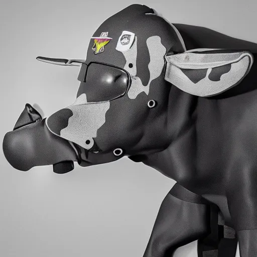 Image similar to a highly detailed ultra realistic photograph of a cow dressed in a fighter jet jumpsuit and mask