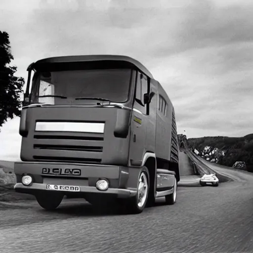 Prompt: A lorry/European truck designed and produced by Porsche, promotional photo