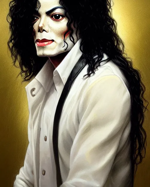 Image similar to Portrait of Michael Jackson but he is white, real life skin, intricate, elegant, highly detailed, artstation, concept art, smooth, sharp focus, art by artgerm and greg rutkowski and alphonse mucha