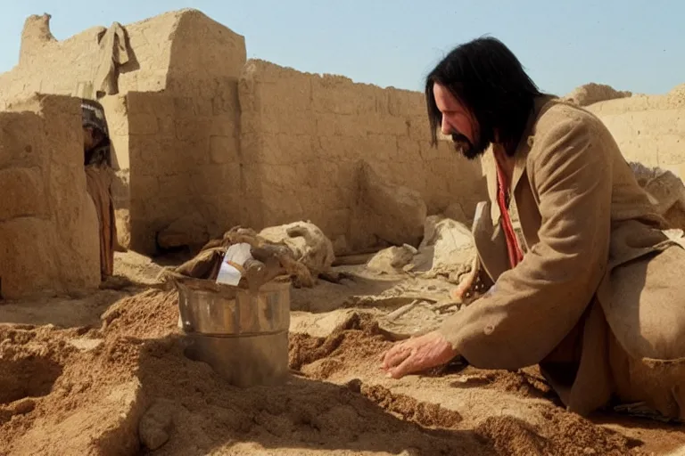 Image similar to film still of keanu reeves wearing an archaeological outfit sifting material at an ancient egyptian archaeological digsite