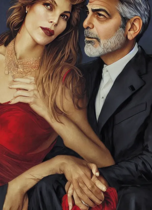 Image similar to george clooney wearing a formal black suit and kim basinger wearing a red dress in love hugging each other, highly detailed, focus stacked, candid portrait, art by artgerm and greg rutkowski and alphonse mucha