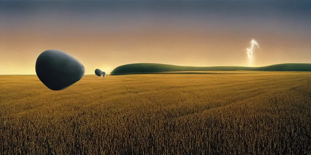 Image similar to hipgnosis storm thorgerson artwork a giant ear floating above a field in england at sunrise