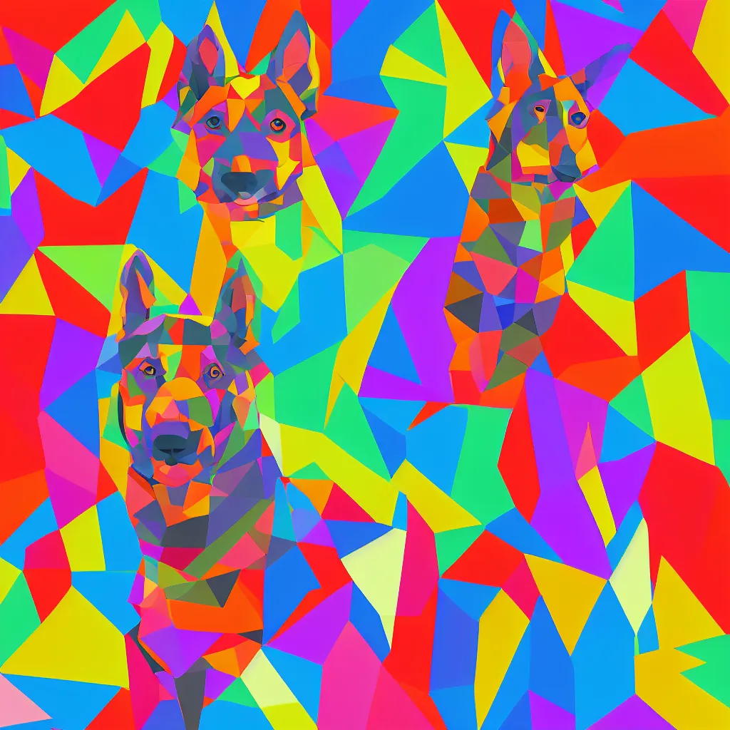 Prompt: illustration of chinese tangram of german shepherd figure made of colorful pieces, 2 d image