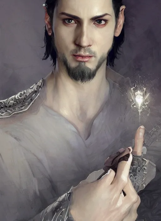 Image similar to character concept portrait of an attractive young angered Spanish wizard with pale grey skin enchanting a death spell, a floating iridescent spell book in the center, intricate, elegant, digital painting, concept art, smooth, sharp focus, illustration, from Metal Gear, by Ruan Jia and Mandy Jurgens and William-Adolphe Bouguereau, Artgerm