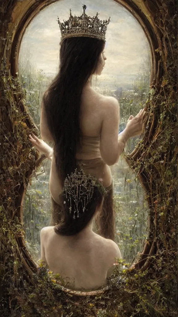 Image similar to secret view from behind wide mirror of a beautiful black haired woman with pale skin and a crown on her head sitted on an intricate metal throne, very deep stillness atmosphere, silence, dimension of still moment, spiritual feeling, digital art, by daniel ridgway knight