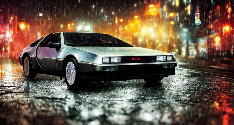 Image similar to a 2 8 mm closeup photo of a delorean tron tesla car on wet city street at night, intricate, hyper detailed, smooth, high contrast, neon, volumetric lighting, octane, moebius, greg rutkowski, blade runner, ripley scott, cindmatic