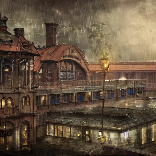 Prompt: train station, Victorian steampunk mega city, covered by a large roof, digital painting, matte painting, art station, raining, high detail, 8K image