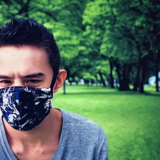 Image similar to “a guy with a mask in a park”