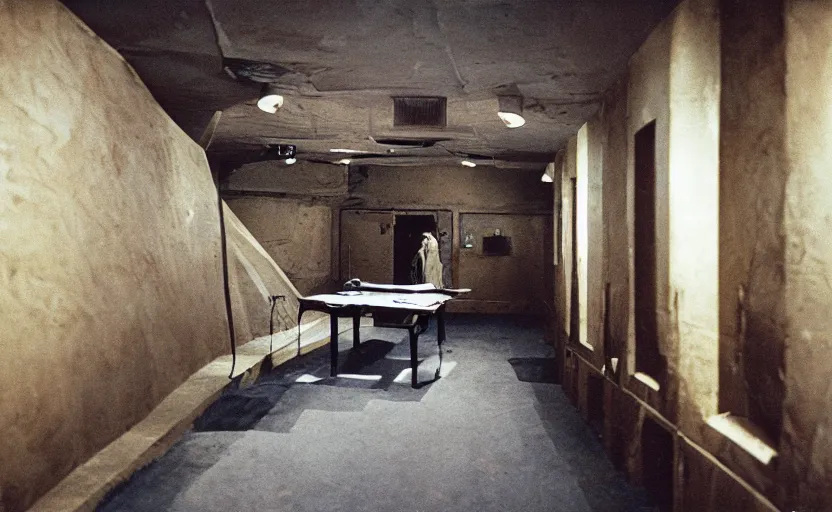 Prompt: Interior shot of a secret bunker by stanley kubrick, shot by 35mm film color photography