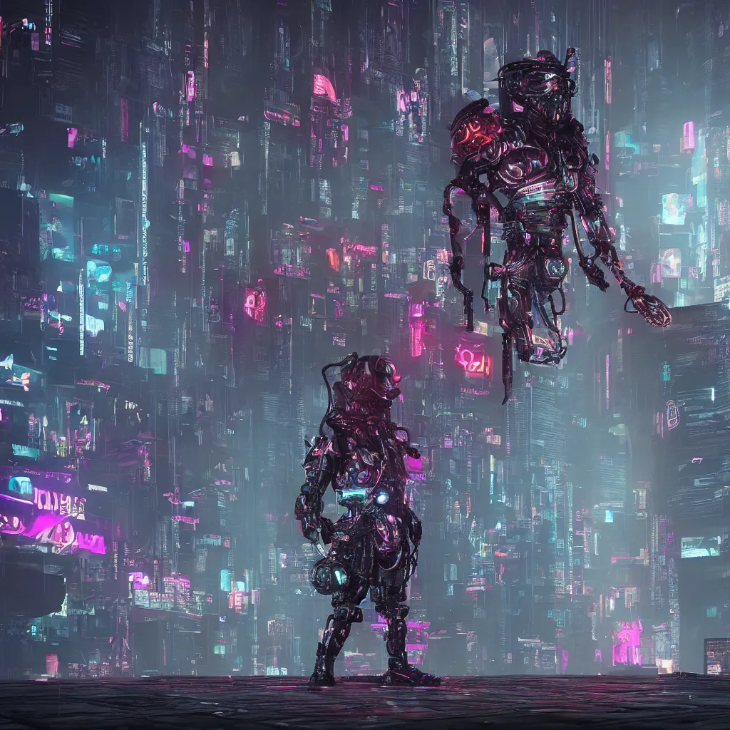 Image similar to cyberpunk god boss fight, photorealistic, octane render, 8 k, high detail