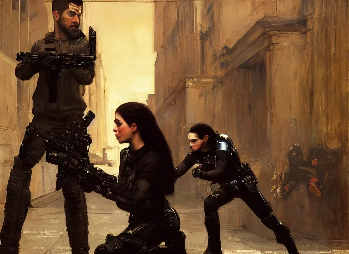 Image similar to sophia evades sgt Nash. Cyberpunk thief wearing combat vest escaping menacing police troopers (blade runner 2049). Gorgeous face. Iranian orientalist portrait by john william waterhouse and Edwin Longsden Long and Theodore Ralli and Nasreddine Dinet, oil on canvas. Cinematic, hyper realism, realistic proportions, dramatic lighting, high detail 4k