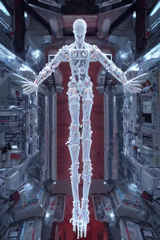 Prompt: white space station interior, cross, a statue jesus on cross made of red marble, perfect symmetrical body, full body shot, inflateble shapes, wires, tubes, veins, jellyfish, white biomechanical details, wearing epic bionic cyborg implants, masterpiece, intricate, biopunk, vogue, highly detailed, artstation, concept art, cyberpunk, octane render