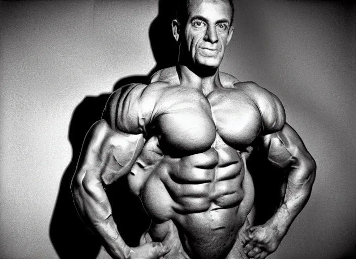 Image similar to an inflatable body builder, closeup portrait. shot by platon using a leica with flash, kodak gold 3 5 mm film