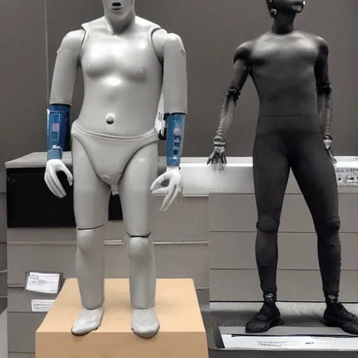 Image similar to “a realistic detailed photo of a guy who is an attractive humanoid who is half robot and half humanoid, who is a male android, American freestyle and folkstyle wrestler from Oklahoma AJ Ferrari, shiny skin, posing like a statue, blank stare, at college, on display”