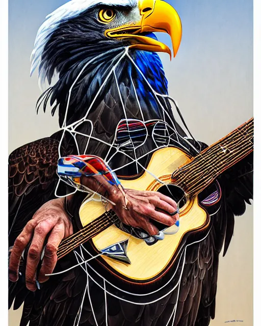 Image similar to a portrait of an anthropomorphic cyberpunk bald eagle screeching while strumming an acoustic guitar by sandra chevrier, by jon foster, detailed render, tape deck, epic composition, cybernetics, 4 k realistic, cryengine, realistic shaded lighting, sharp focus, masterpiece, by enki bilal