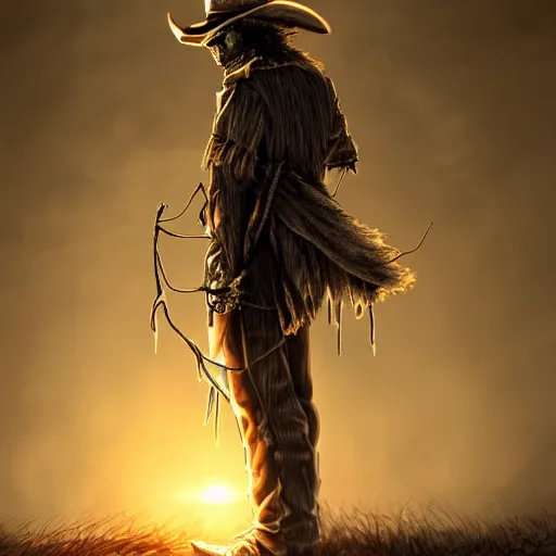 Image similar to a wounded skeleton cowboy in a long coat watching a sunset, concept art, DeviantArt, art station, illustration, highly detailed, artwork, cinematic, hyper realistic